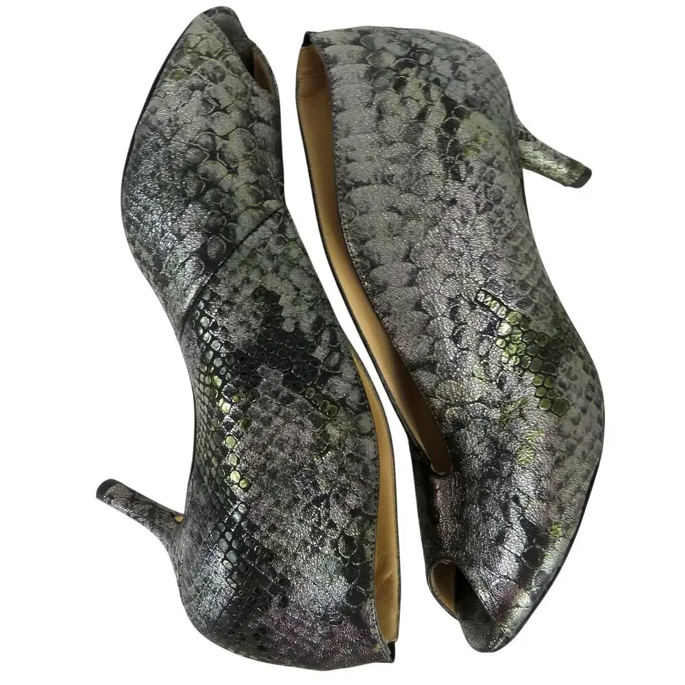 Amalfi by Rangoni Silver Metallic Snake Print Open Toe Heels Pumps Booties 8.5